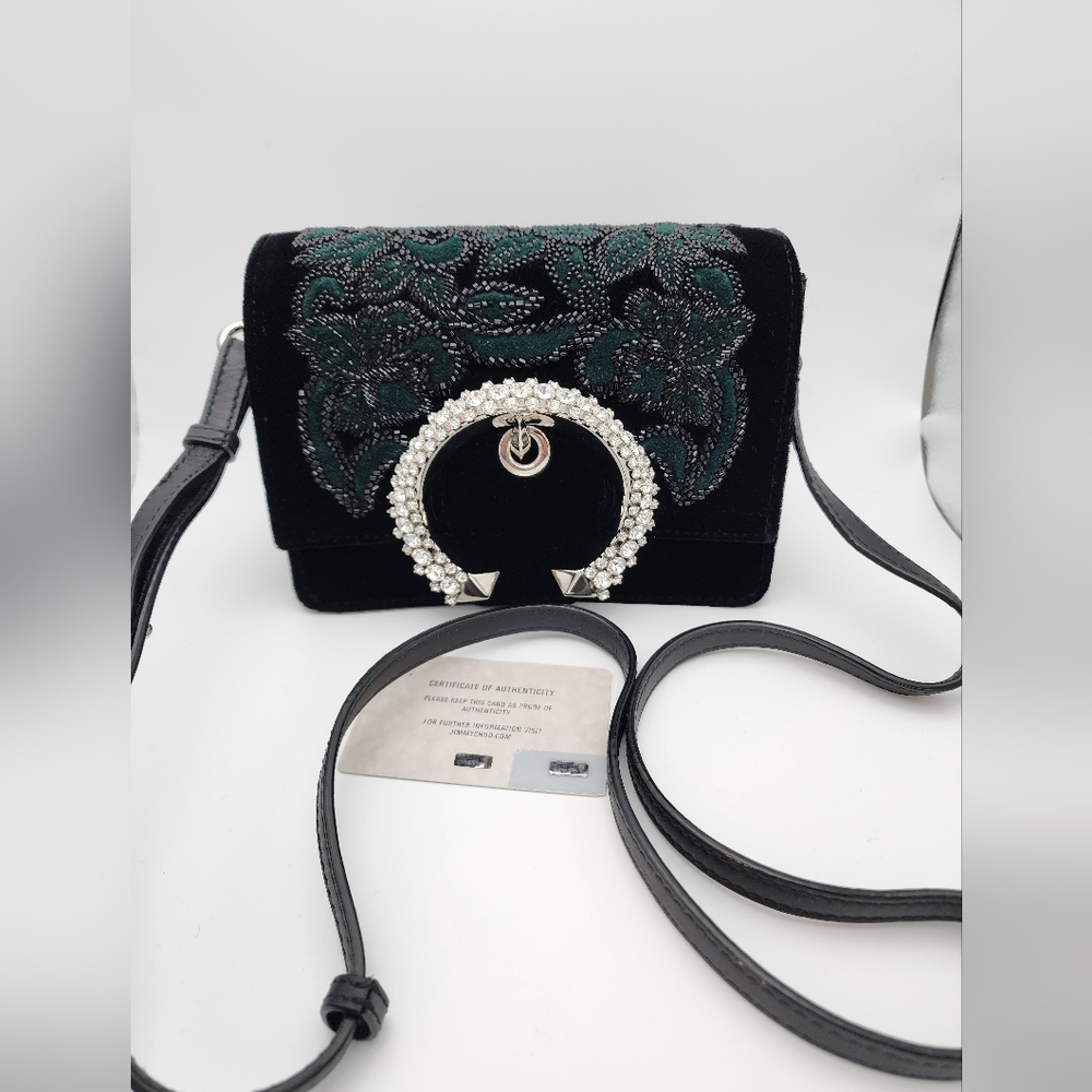 Jimmy Choo black Velvet Madeline cross body bag with Swarovski crystal buckle